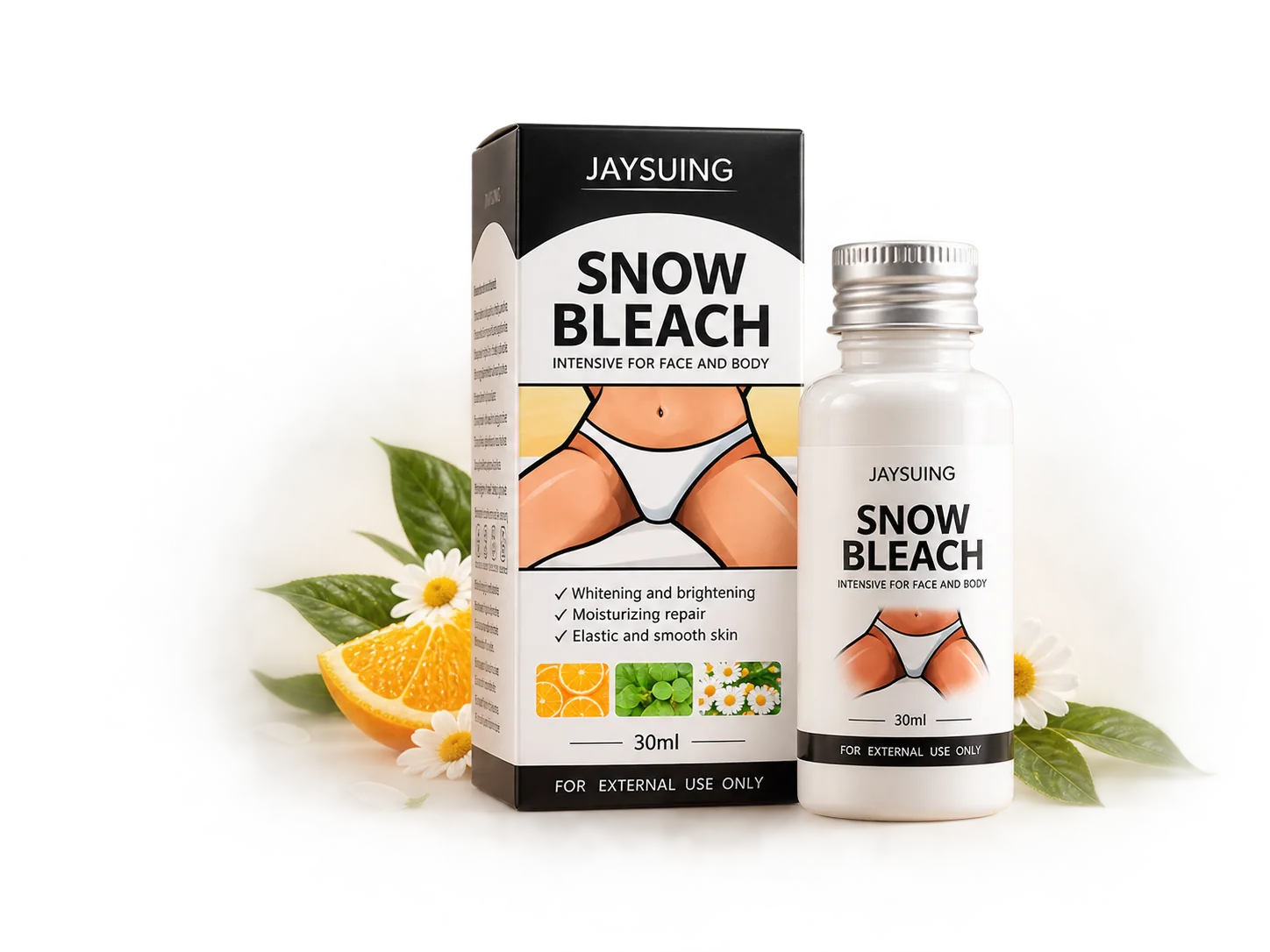 Caixa e frasco de Snow Bleach 30 ml com elementos botânicos